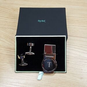 BEY-BERK Monogrammed T Cuff Links Silver Round Cufflinks and Money Clip Set